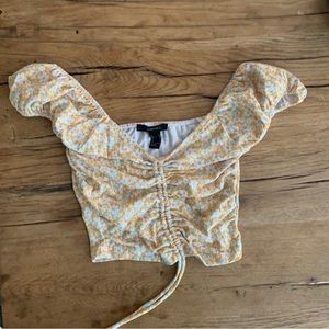 White ruffle crop top yellow floral southern belle forever 21 cinched middle tie